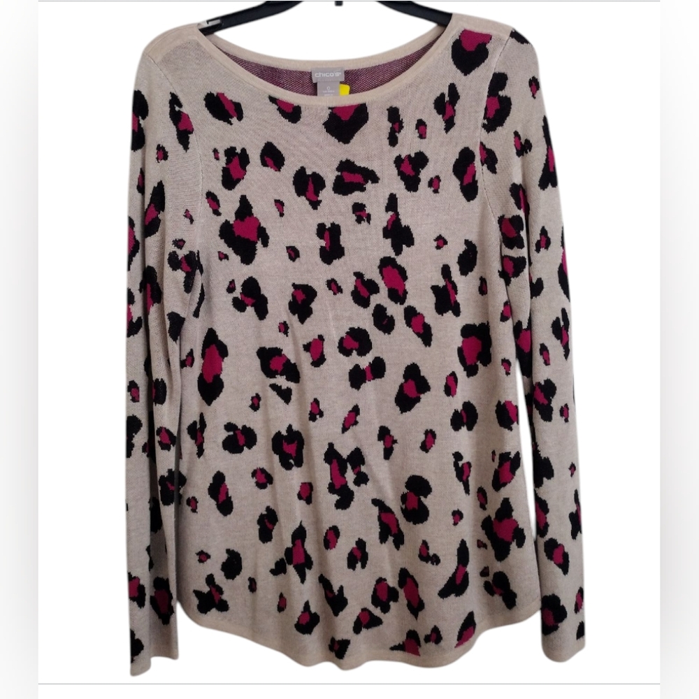 Chico's Leopard Print Bateau Neck Sweater Magenta Beige Size 0 (Small 4)